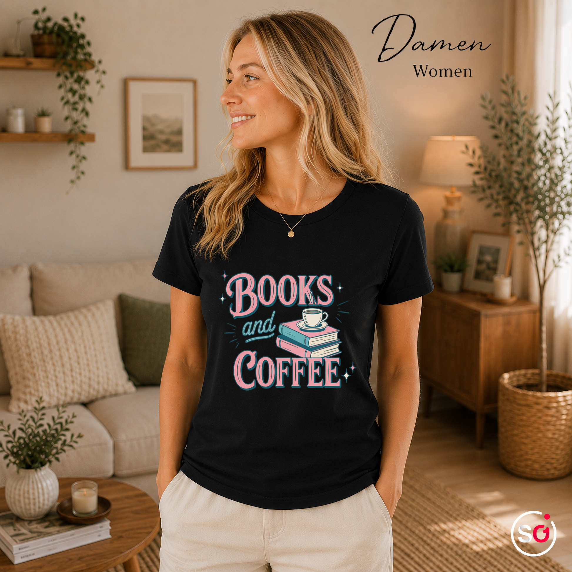 Damen Schwarz – Books and Coffee T-Shirt | Charmantes Design für Leseratten & Kaffeefans