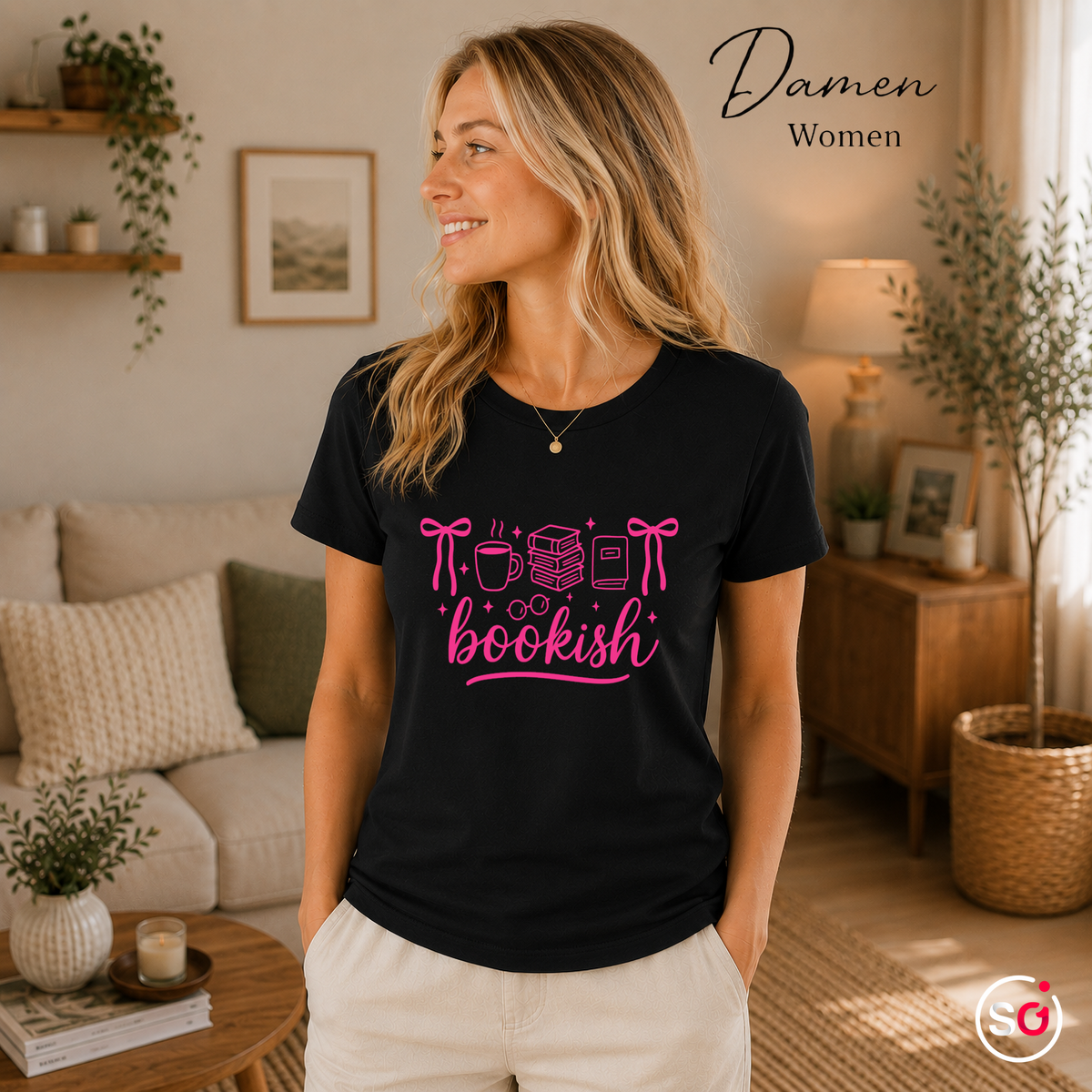 Damen Schwarz – Bookish Vibes T-Shirt: Bücherliebe & Kaffee Motiv in Pink