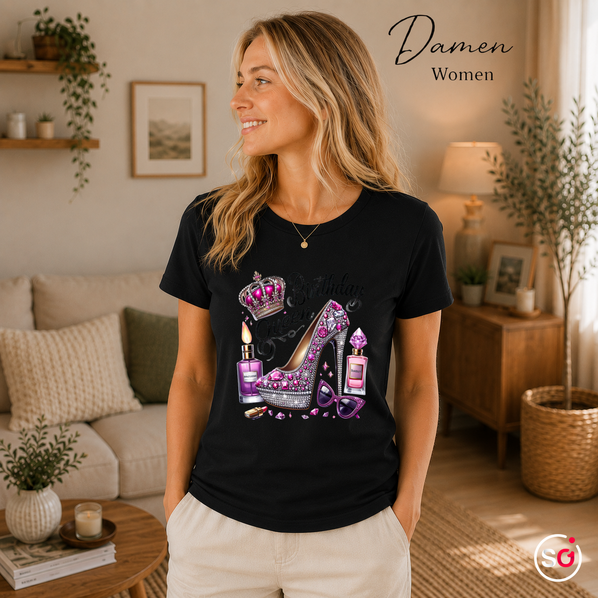 Damen Schwarz – Birthday Queen T-Shirt mit glamourösem Glitzer-High-Heel und Krone