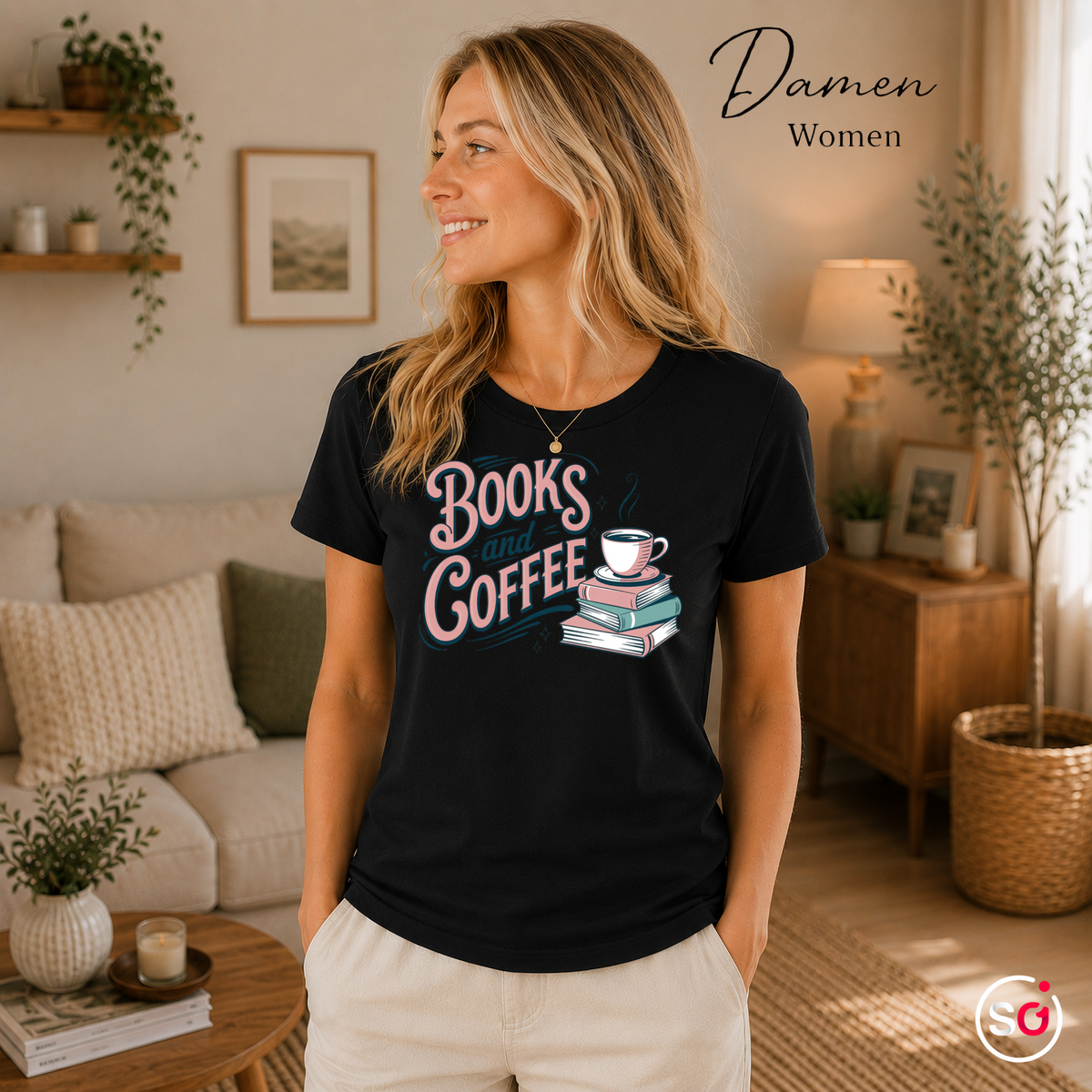 Damen Schwarz – T-Shirt mit 'Books and Coffee' Spruch im Retro-Design | Bücher & Kaffeetasse Motiv