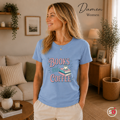 Damen SkyBlau – Books and Coffee T-Shirt | Charmantes Design für Leseratten & Kaffeefans