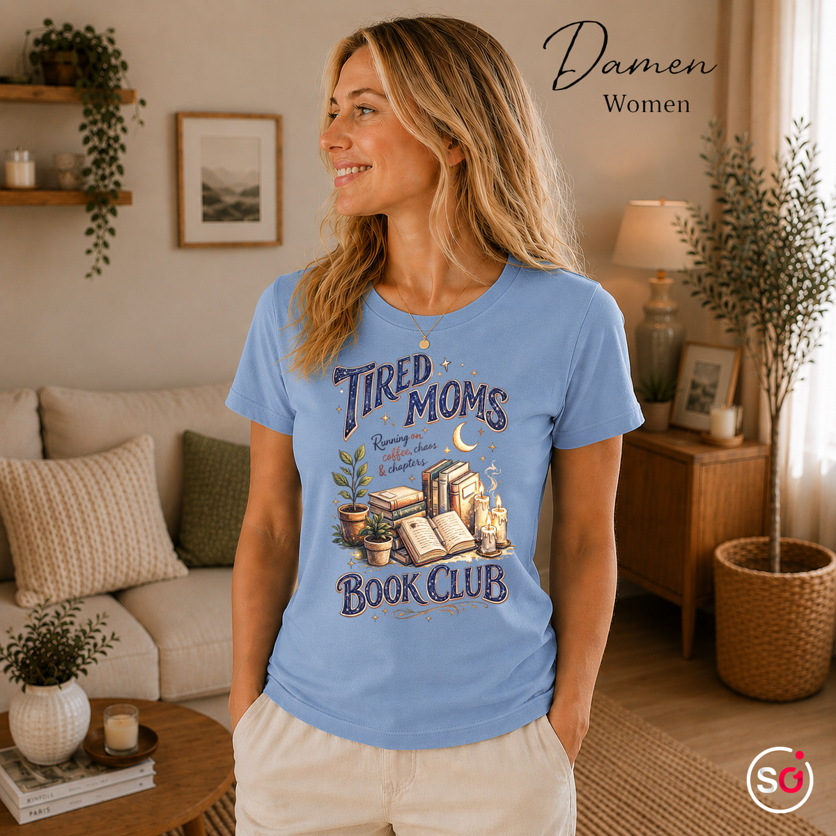 Damen SkyBlau – Tired Moms Book Club T-Shirt | Kaffee, Bücher & Chaos Motiv