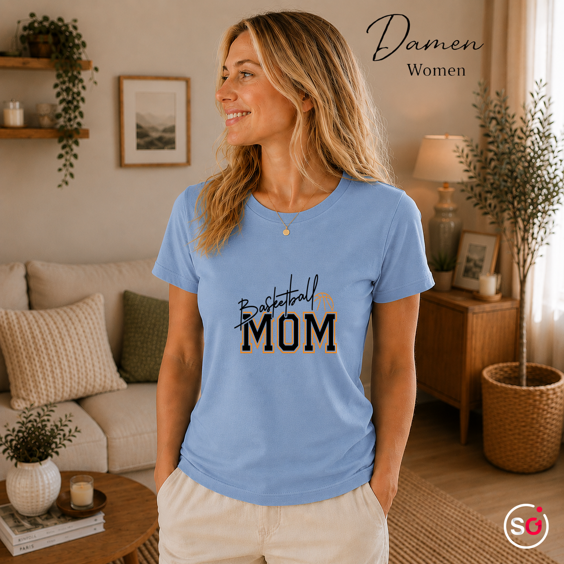 Damen SkyBlau – Basketball Mom Statement-Shirt | College-Style Schriftzug mit Ball-Grafik