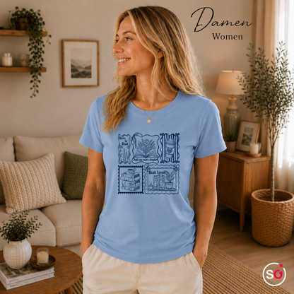 Damen SkyBlau – Lesemotiv T-Shirt: Born to Read, Just One More Chapter & Buchliebe Stempeldesign