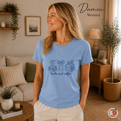 Damen SkyBlau – Bücher & Kaffee Liebhaber Design T-Shirt | Charmantes Motiv für Lesefreunde
