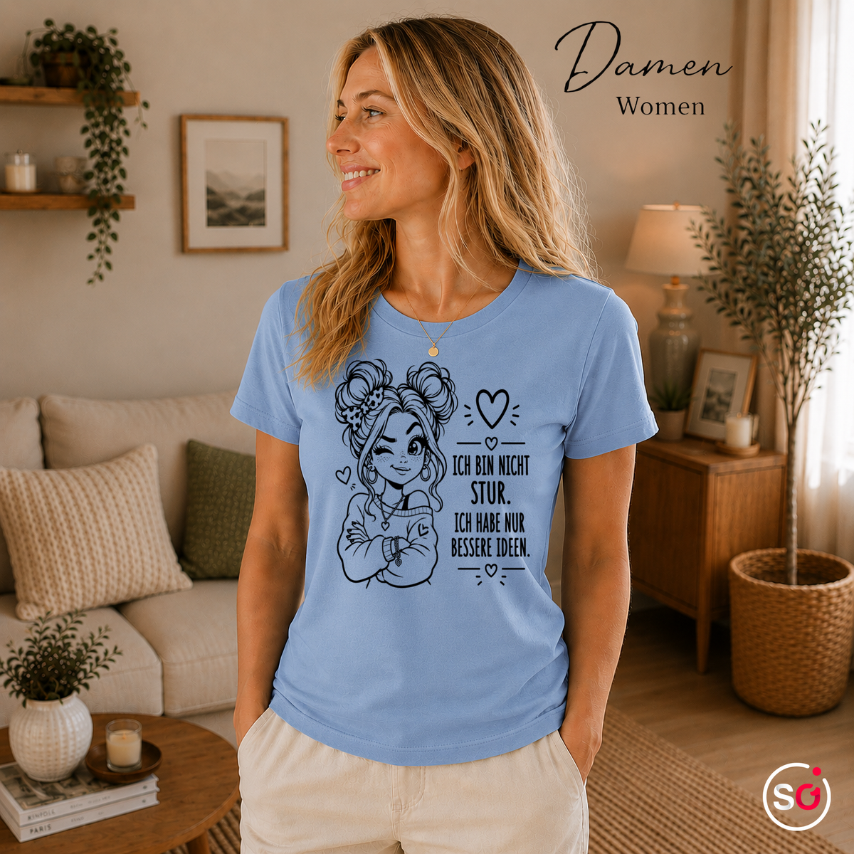 Damen SkyBlau – Statement-Shirt "Bessere Ideen" mit zwinkerndem Comic-Mädchen und frechem Spruch