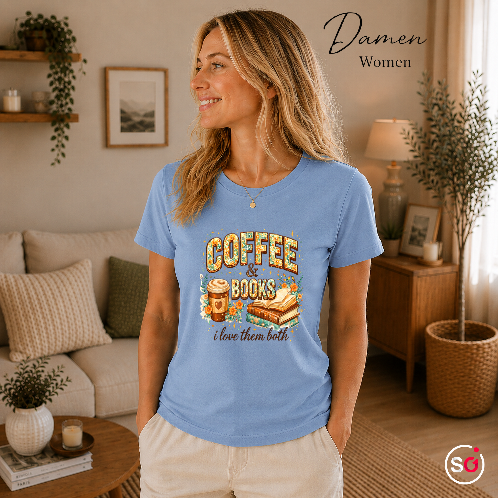 Damen SkyBlau – Coffee & Books T-Shirt – Floraler Print für Leseratten & Kaffeeliebhaber