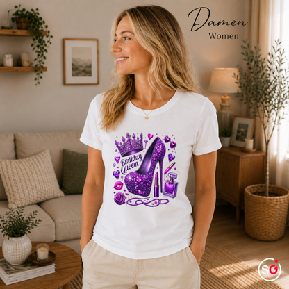 Damen Weiß – T-Shirt mit glamourösem 'Birthday Queen' High Heel & Krone in Lila Glitzer