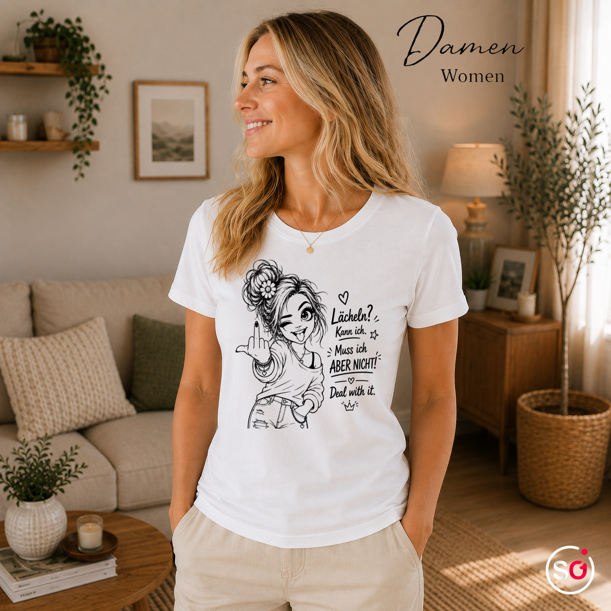 Damen Weiß – Statement T-Shirt 'Lächeln? Muss ich aber nicht!' mit frechem Comic-Motiv
