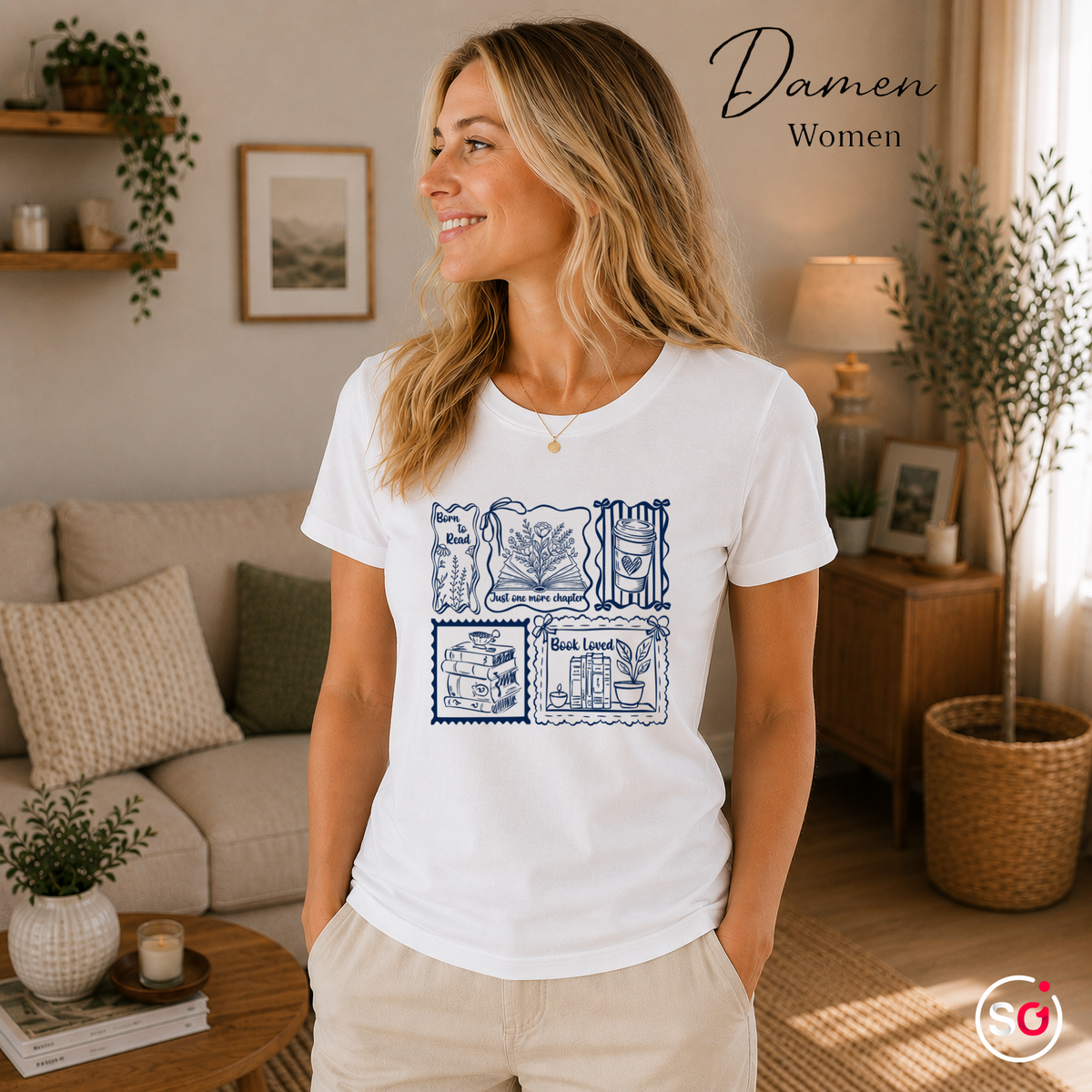 Damen Weiß – Lesemotiv T-Shirt: Born to Read, Just One More Chapter & Buchliebe Stempeldesign