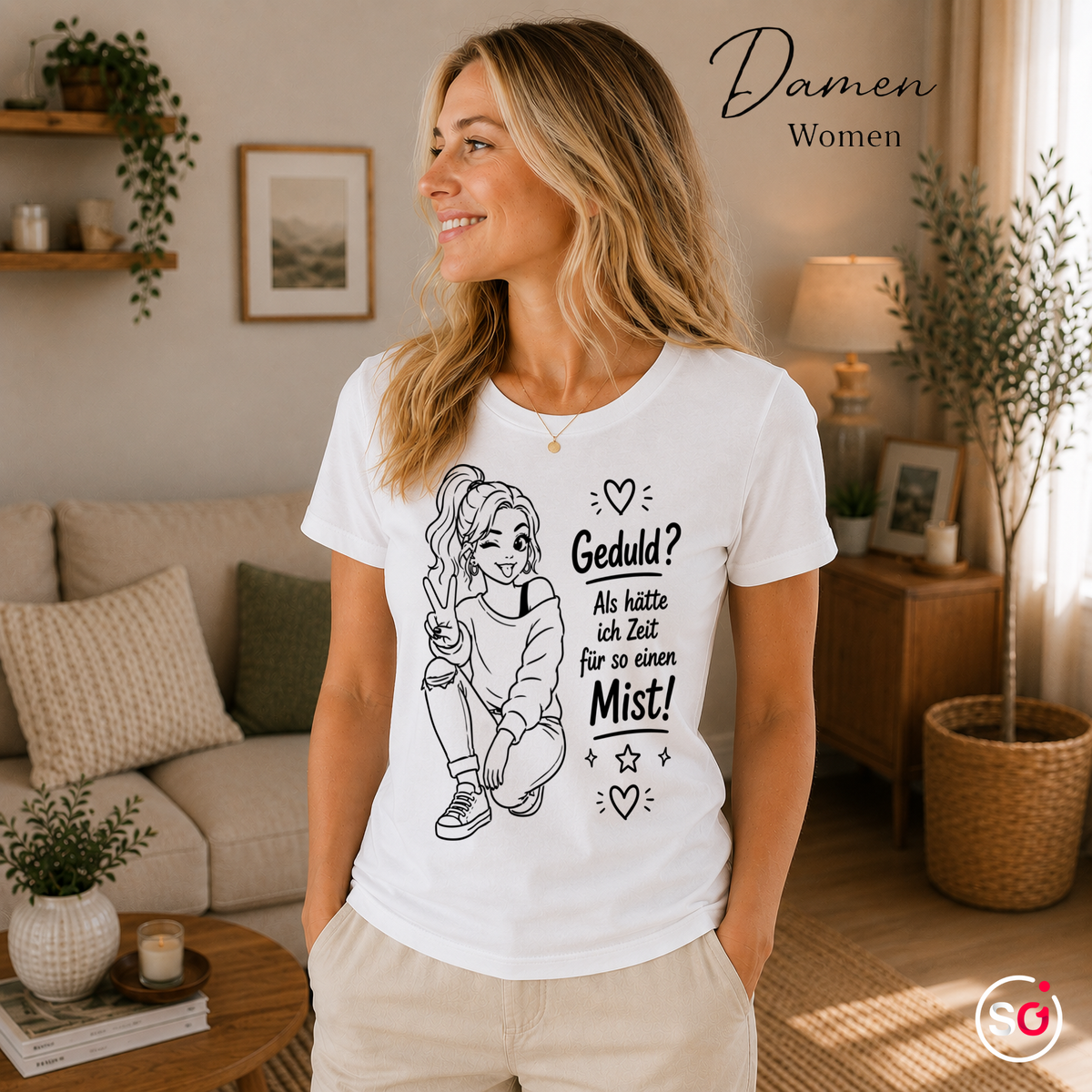 Damen Weiß – T-Shirt mit Spruch 'Geduld? Als hätte ich Zeit für so einen Mist!' | Freches Comic-Design