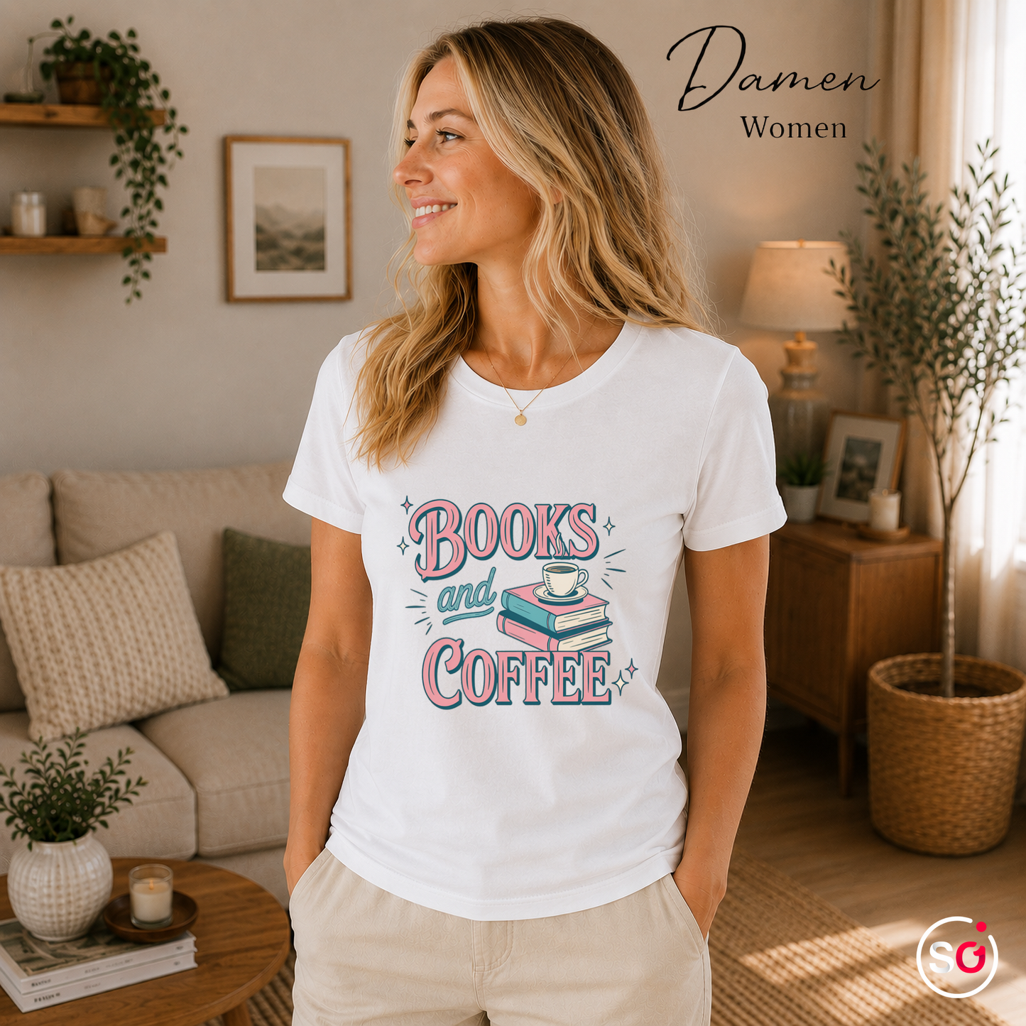 Damen Weiß – Books and Coffee T-Shirt | Charmantes Design für Leseratten & Kaffeefans