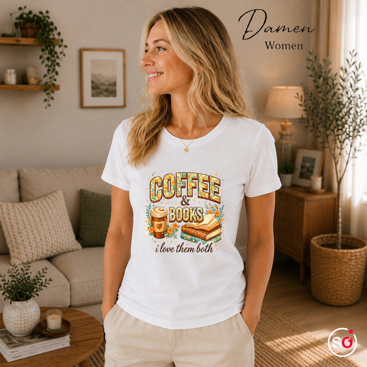 Damen Weiß – Coffee & Books T-Shirt – Floraler Print für Leseratten & Kaffeeliebhaber