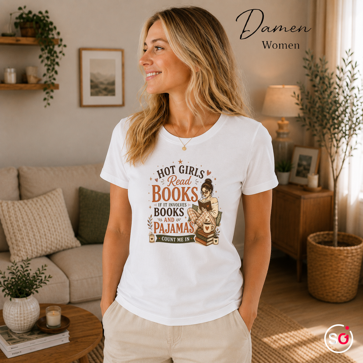 Damen Weiß – T-Shirt mit Spruch 'Hot Girls Read Books' | Design für Leseratten und Bücherwürmer im Pyjama