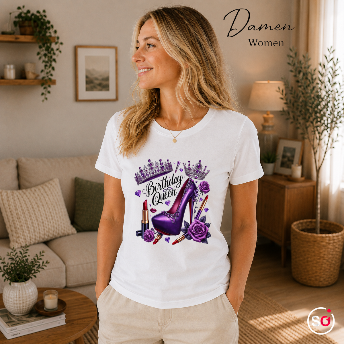 Damen Weiß – Birthday Queen T-Shirt: Glamour-Design mit lila High Heel, Krone und Rosen