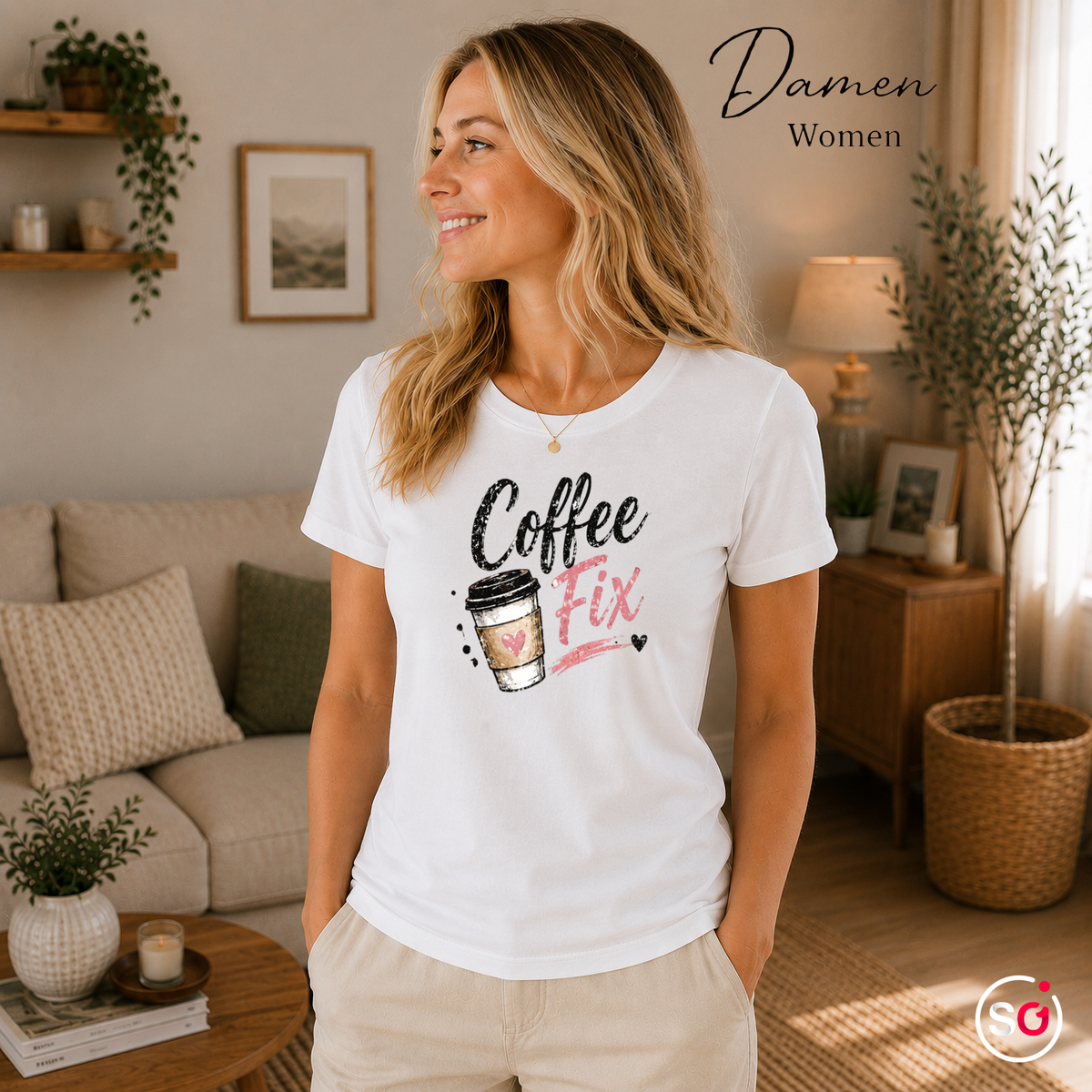 Damen Weiß – T-Shirt "Coffee Fix" – Kaffeebecher mit Herz Motiv im Aquarell-Look & Brush-Style