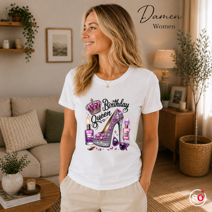 Damen Weiß – Birthday Queen T-Shirt mit glamourösem Glitzer-High-Heel und Krone