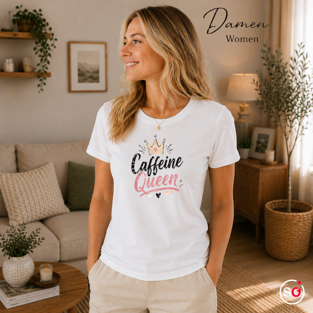 Damen Weiß – Statement T-Shirt mit 'Caffeine Queen' Schriftzug und funkelnder Krone