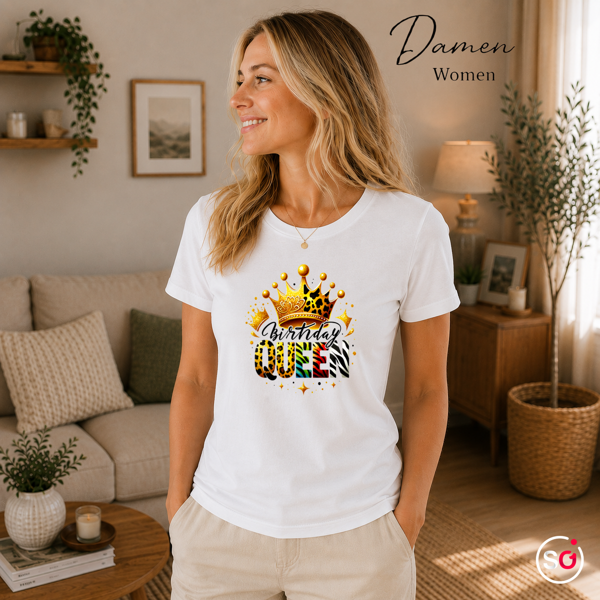 Damen Weiß – T-Shirt mit 'Birthday Queen' Schriftzug, goldener Krone und buntem Animal-Print Design