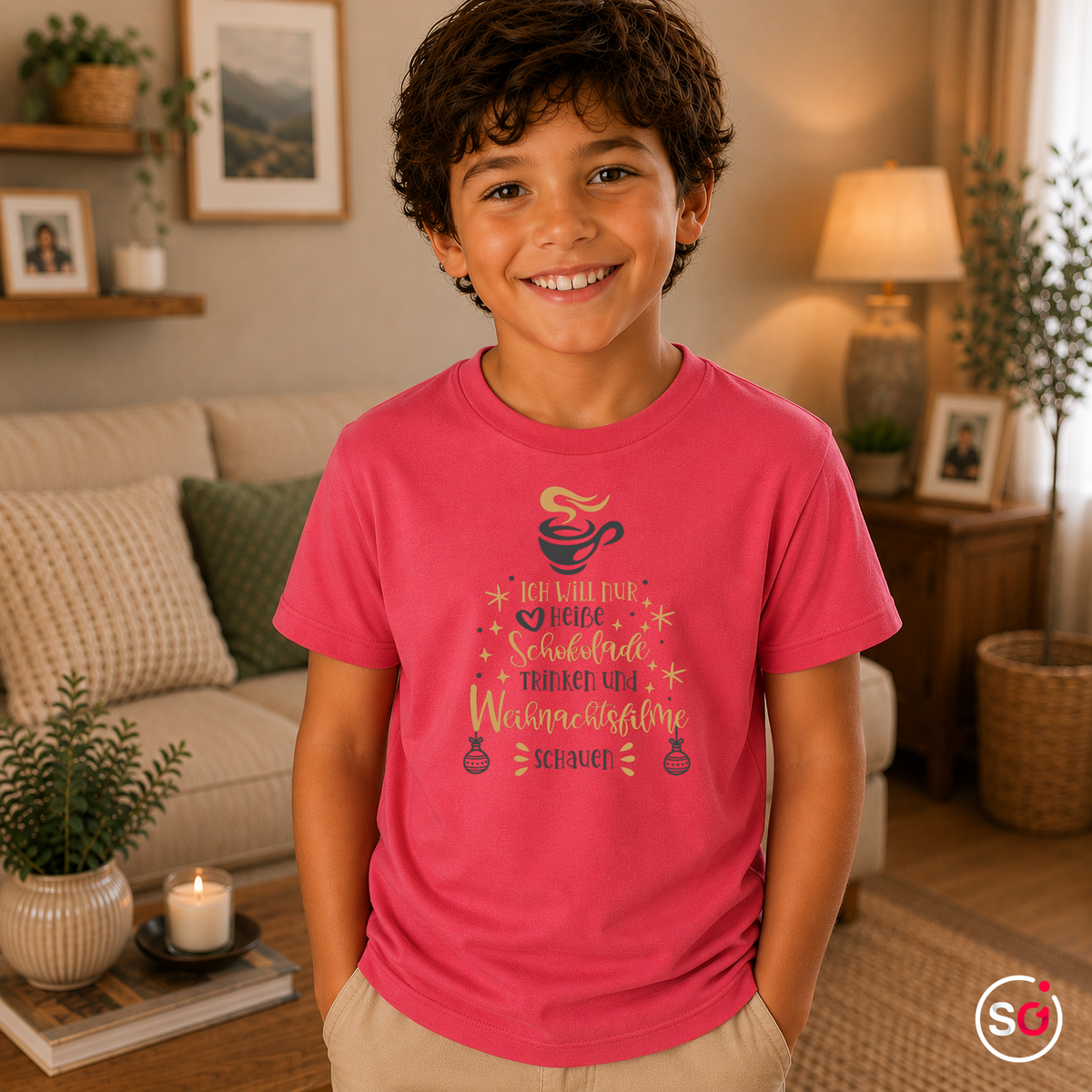 Kinder Fuchsia – Kinder T-Shirt Weihnachten: Heiße Schokolade & Weihnachtsfilme Spruch