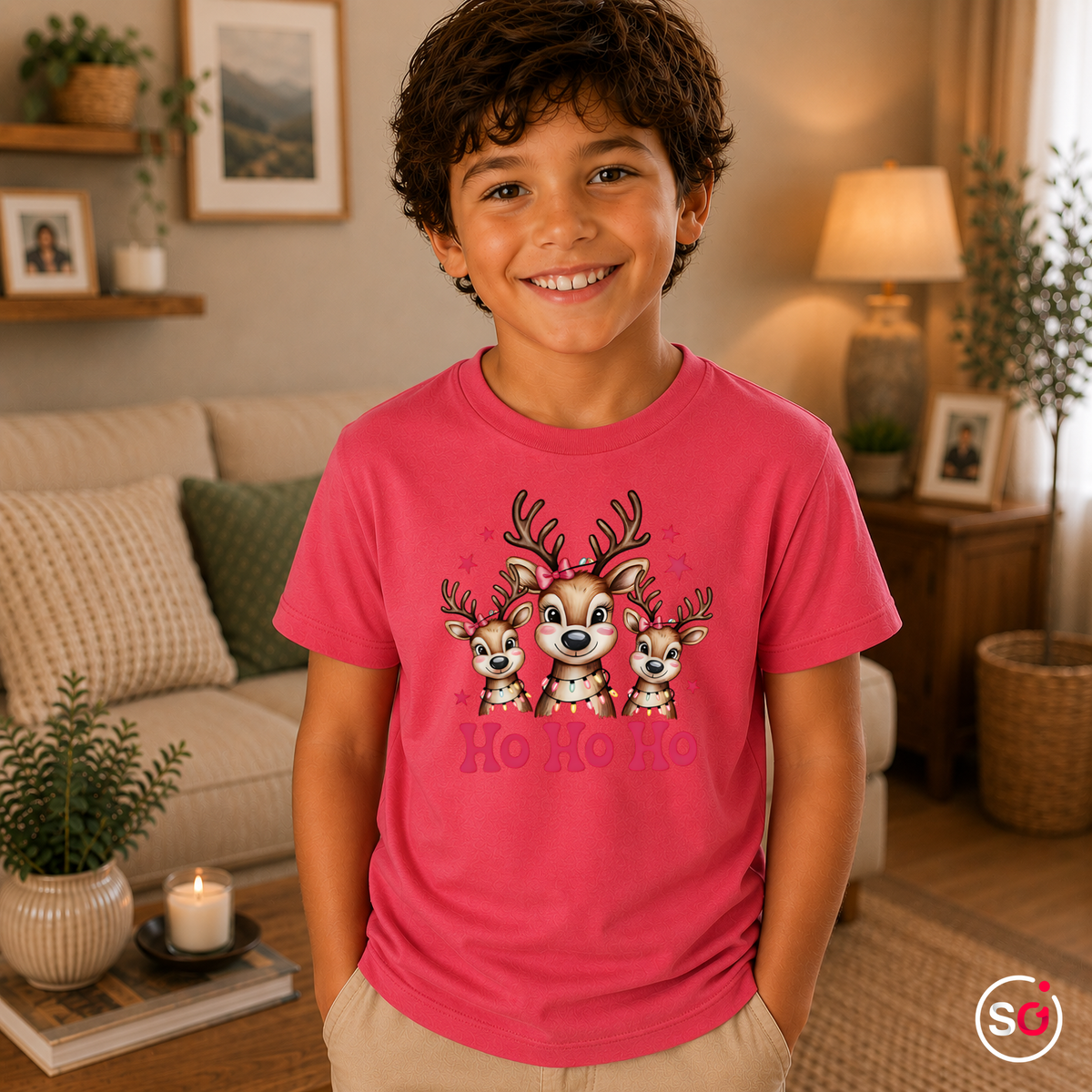 Kinder Fuchsia – Kinder T-Shirt mit süßer Rentier-Familie und 'Ho Ho Ho' Schriftzug