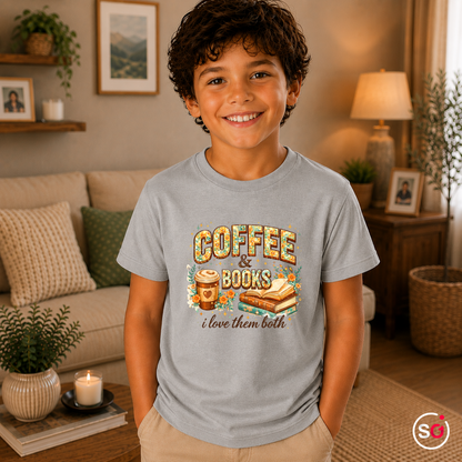 Kinder Grau – Kinder T-Shirt: 'Coffee & Books' Motiv mit Blumen – Ideal für kleine Leseratten