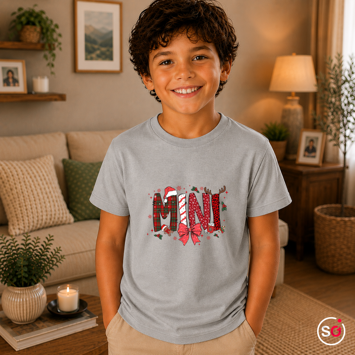Kinder Grau – Kinder Weihnachts-T-Shirt 'MINI' mit Zuckerstange, Rentier & Karo-Muster