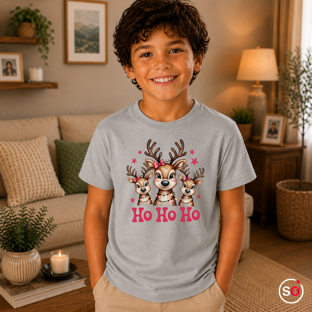 Kinder Grau – Kinder T-Shirt mit süßer Rentier-Familie und 'Ho Ho Ho' Schriftzug