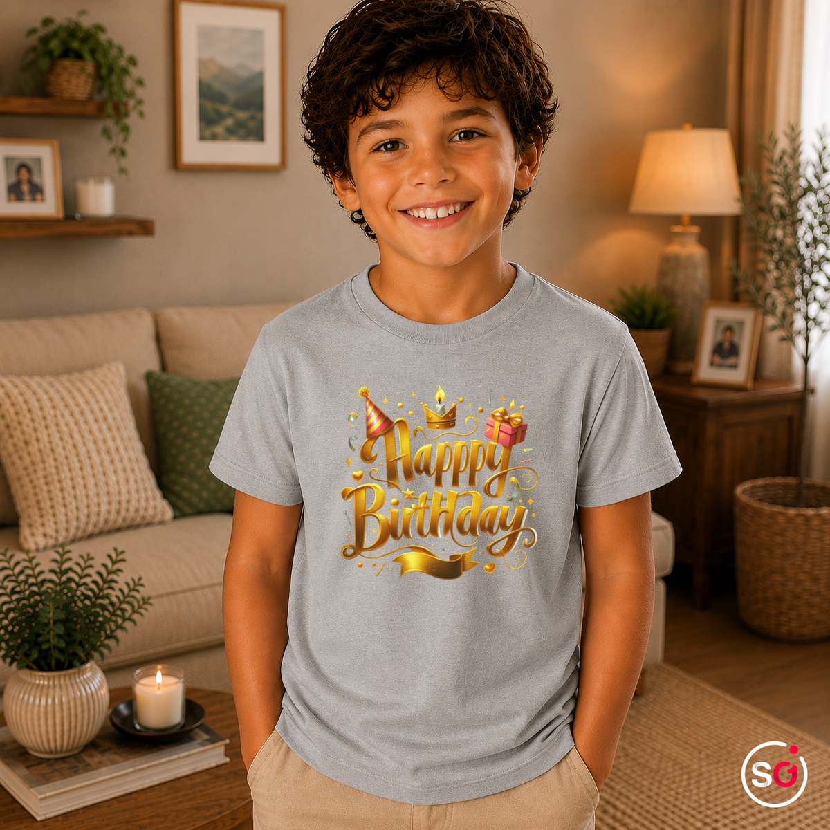 Kinder Grau – Kinder T-Shirt Happy Birthday – Goldener 3D Schriftzug mit Krone, Partyhut & Geschenk Motiv