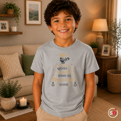 Kinder Grau – Kinder T-Shirt Weihnachten: Heiße Schokolade & Weihnachtsfilme Spruch