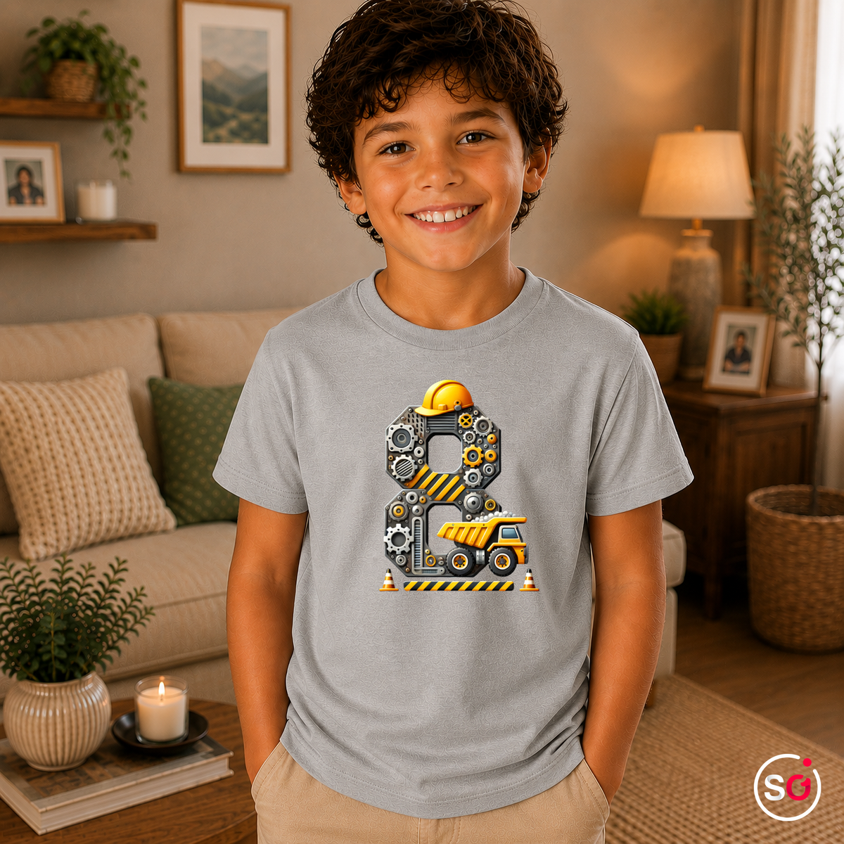 Kinder Grau – Kinder T-Shirt 8. Geburtstag | Baustellen-Design mit Kipplaster und großer Zahl Acht