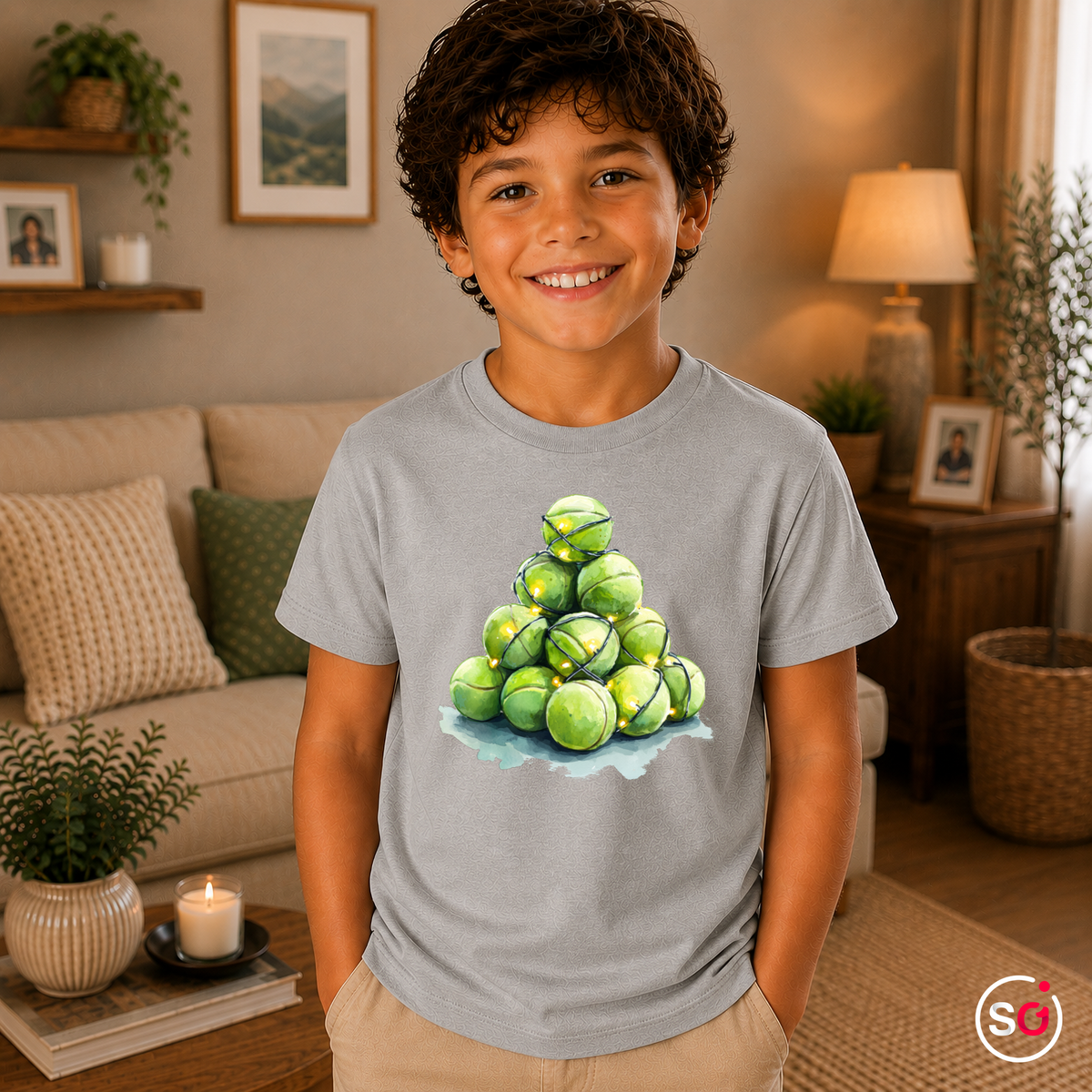 Kinder Grau – Kinder T-Shirt mit Tennisball-Weihnachtsbaum & Lichterkette