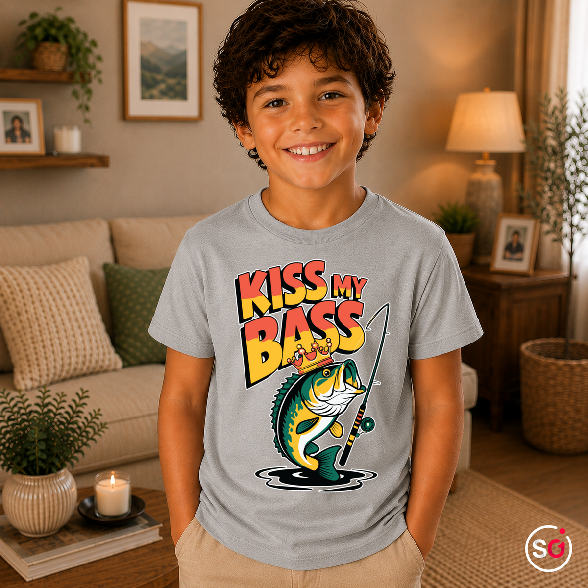 Kinder Grau – Kinder T-Shirt 'Kiss My Bass' | Lustiges Angel-Barsch Motiv mit Krone
