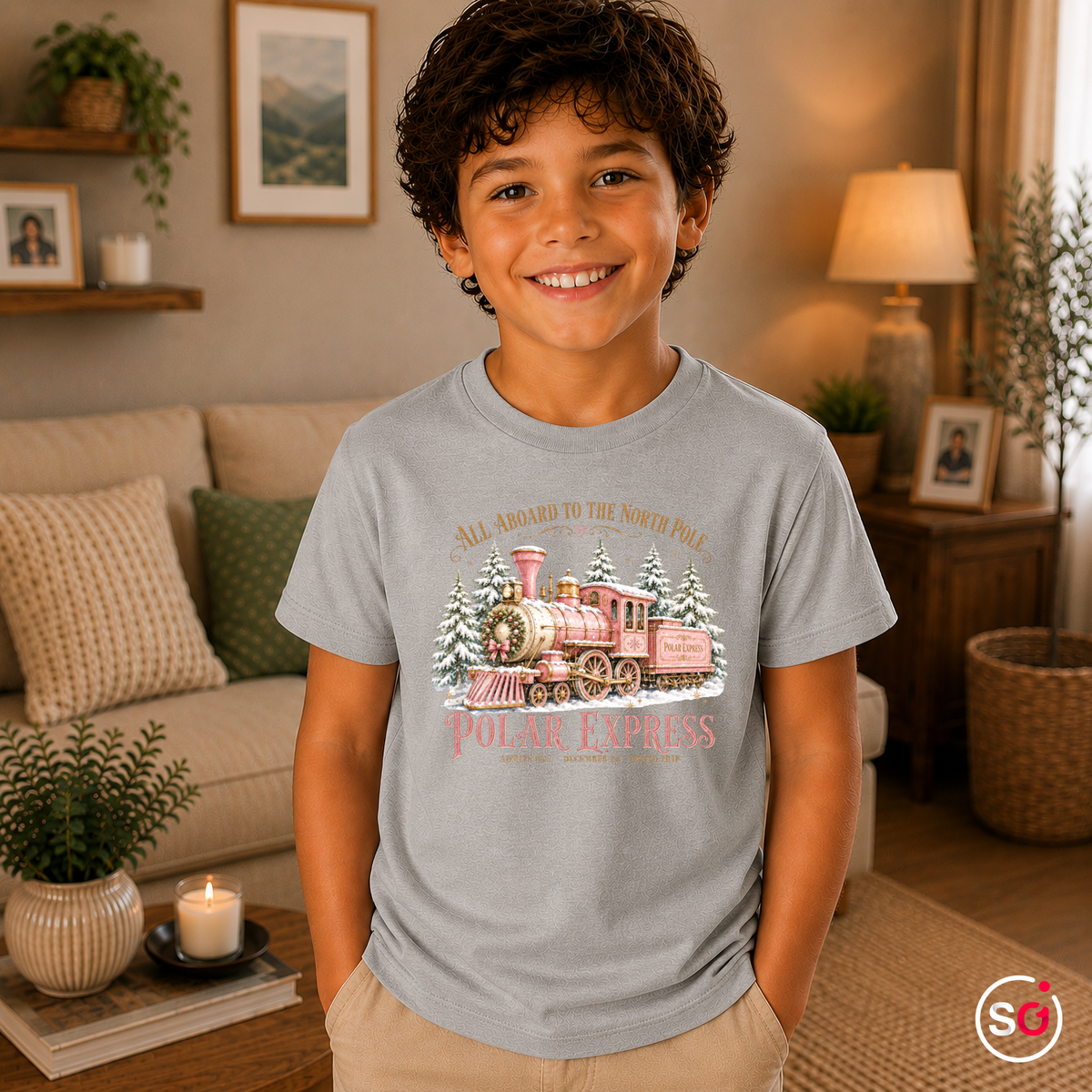 Kinder Grau – Kinder T-Shirt Polar Express | Weihnachtlicher Zug zum Nordpol im Winterwald