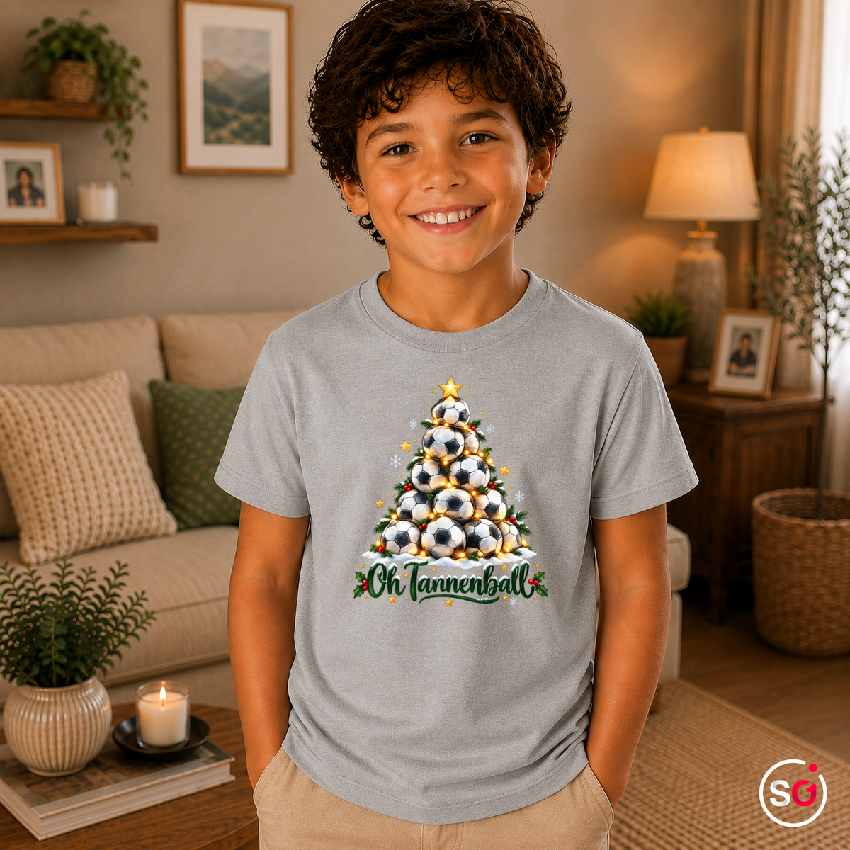 Kinder Grau – Kinder T-Shirt 'Oh Tannenball' mit Fußball-Weihnachtsbaum-Motiv