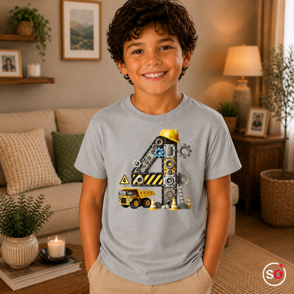 Kinder Grau – Kinder T-Shirt 4. Geburtstag | Zahl 4 als Baustelle mit Kran & Bagger