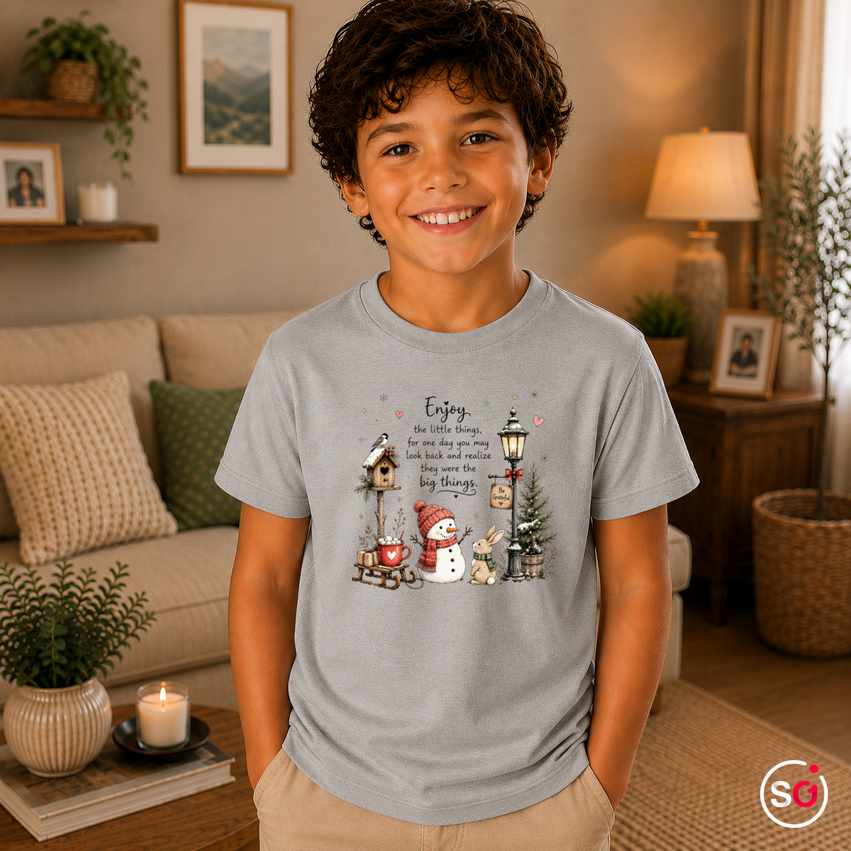 Kinder Grau – Kinder T-Shirt 'Enjoy the little things' mit Schneemann & Hase in Winterlandschaft