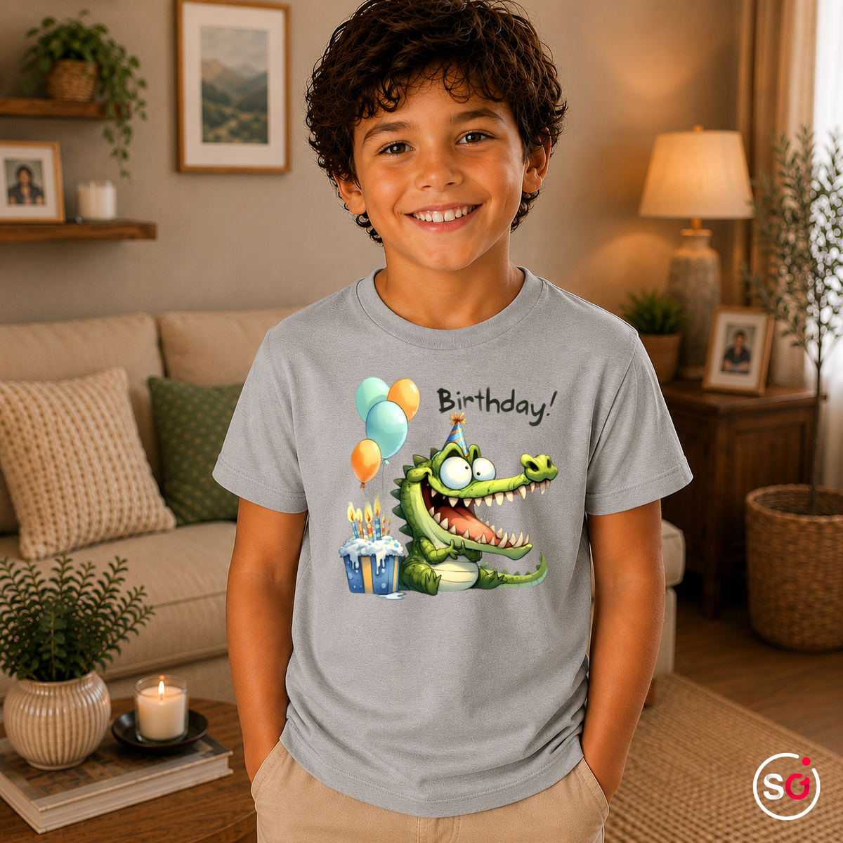 Kinder Grau – Lustiges Geburtstags-Krokodil T-Shirt für Kinder mit Kuchen & Ballons