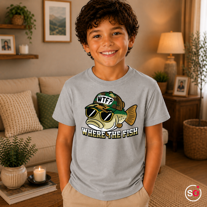 Kinder Grau – Kinder T-Shirt mit coolem Fisch-Motiv und Angler-Spruch 'WTF - Where The Fish'