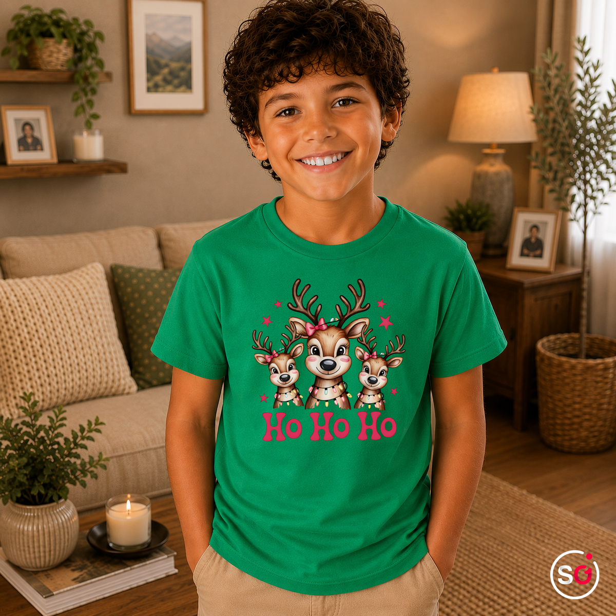 Kinder KellyGrün – Kinder T-Shirt mit süßer Rentier-Familie und 'Ho Ho Ho' Schriftzug