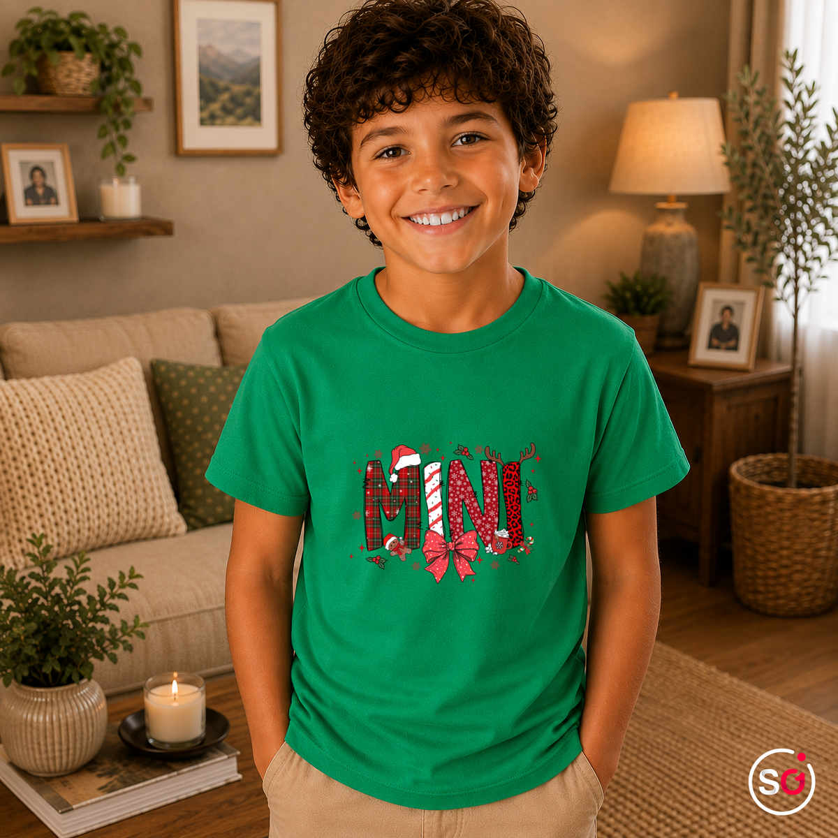 Kinder KellyGrün – Kinder Weihnachts-T-Shirt 'MINI' mit Zuckerstange, Rentier & Karo-Muster