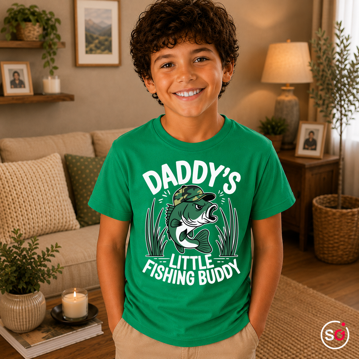 Kinder KellyGrün – Kinder T-Shirt 'Daddy's Little Fishing Buddy' mit coolem Angler-Fisch Motiv