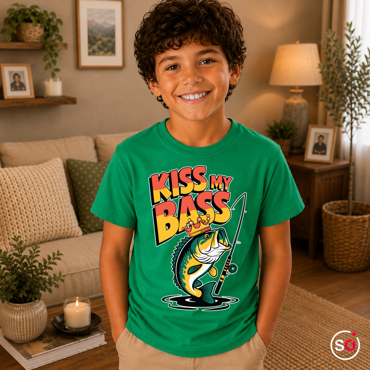 Kinder KellyGrün – Kinder T-Shirt 'Kiss My Bass' | Lustiges Angel-Barsch Motiv mit Krone