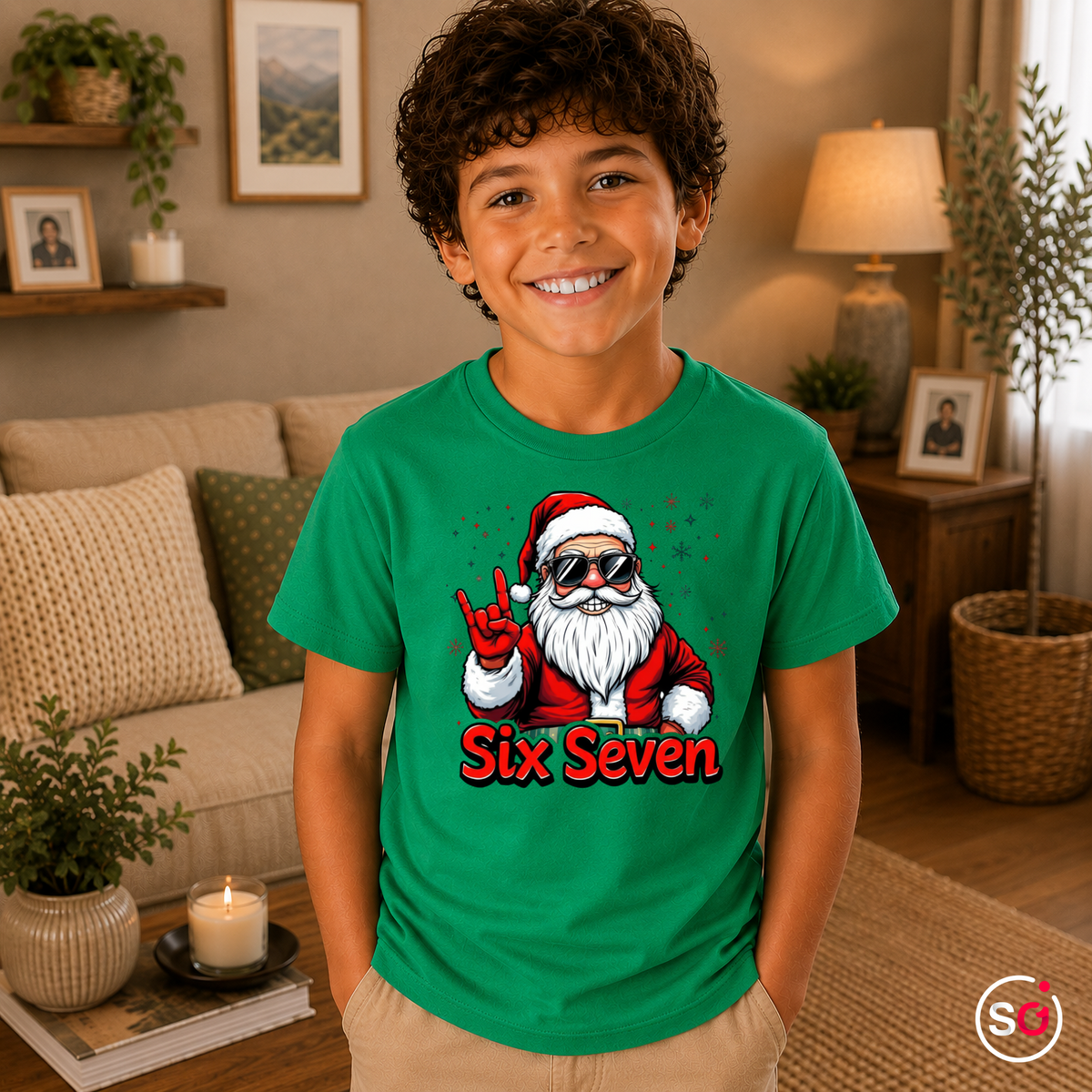 Kinder KellyGrün – Kinder T-Shirt mit coolem Rockstar Weihnachtsmann und Spruch „Six Seven“