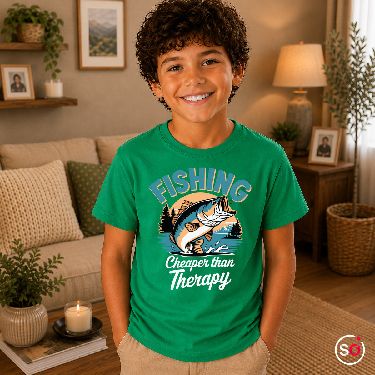 Kinder KellyGrün – Kinder T-Shirt mit lustigem Angler-Spruch 'Fishing - Cheaper than Therapy' und Barsch-Motiv