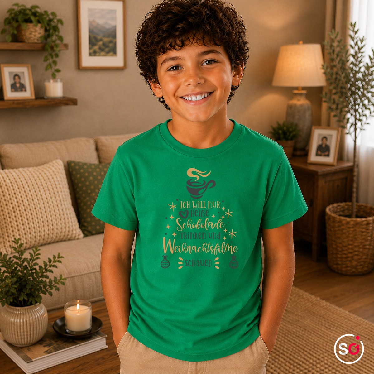 Kinder KellyGrün – Kinder T-Shirt Weihnachten: Heiße Schokolade & Weihnachtsfilme Spruch
