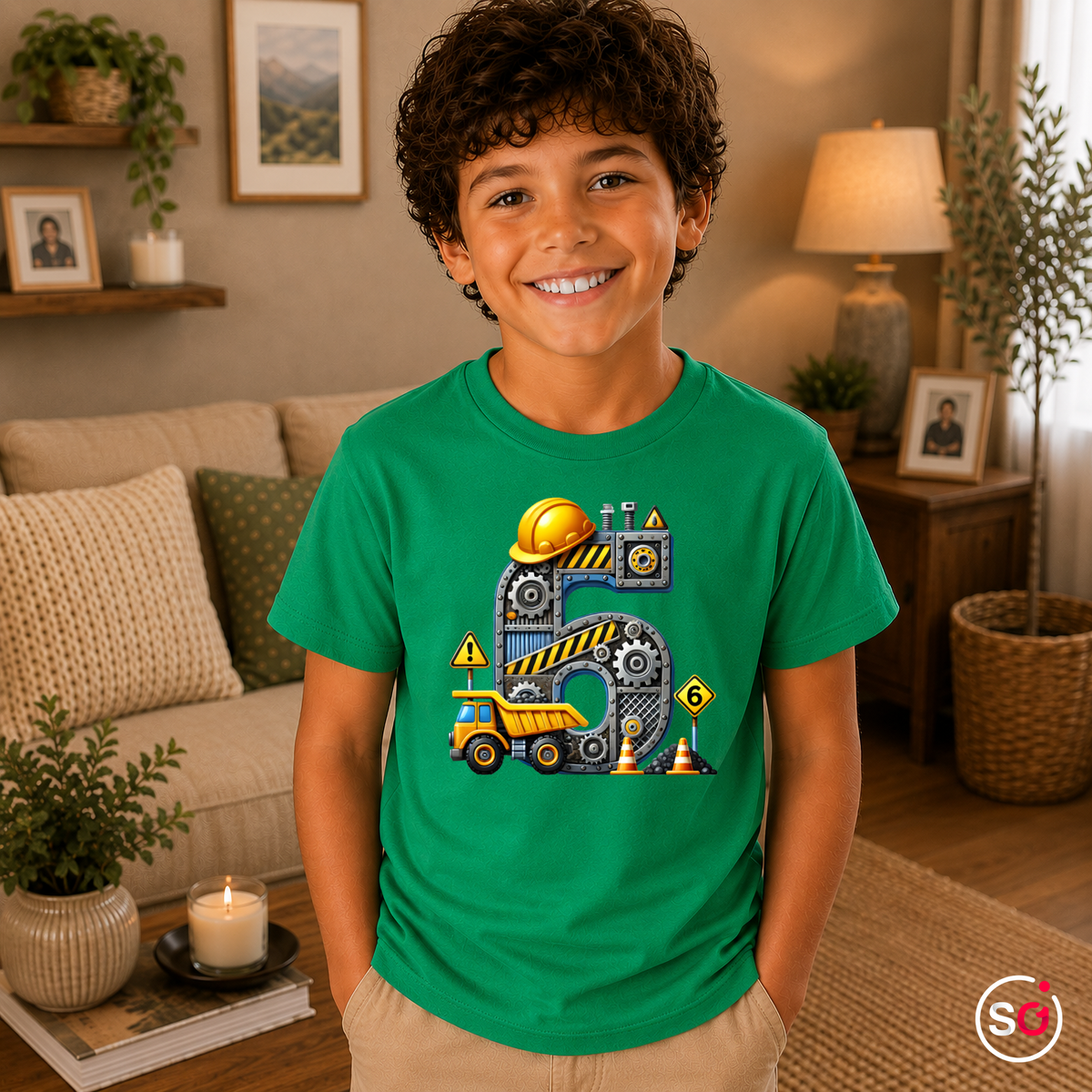 Kinder KellyGrün – Kinder T-Shirt zum 5. Geburtstag mit coolem Baustellen-Motiv, Bagger und großer Zahl Fünf
