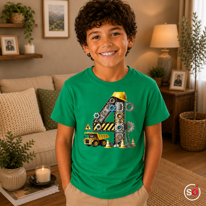 Kinder KellyGrün – Kinder T-Shirt 4. Geburtstag | Zahl 4 als Baustelle mit Kran & Bagger