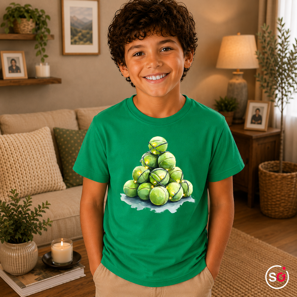 Kinder KellyGrün – Kinder T-Shirt mit Tennisball-Weihnachtsbaum & Lichterkette