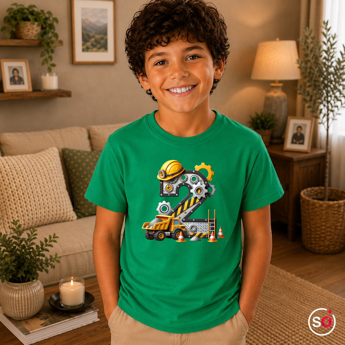 Kinder KellyGrün – Kinder T-Shirt zum 2. Geburtstag mit Baustellen-Motiv, Bagger & Zahl 2